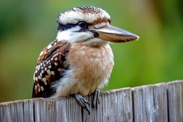 close-up of kookaburra perched on wooden fence with its distinctive beak and feathers in focus