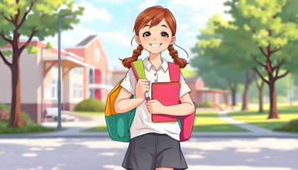 Cheerful Schoolgirl with Backpack on Campus