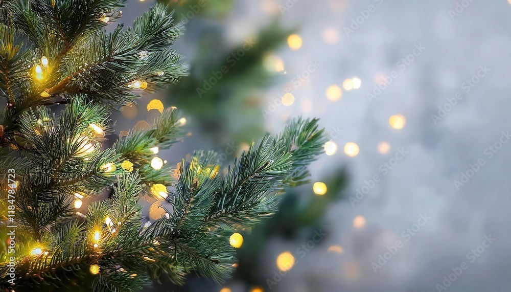 Poster close-up of evergreen christmas tree branches with glowing string lights and blurred bokeh background, perfect for festive designs