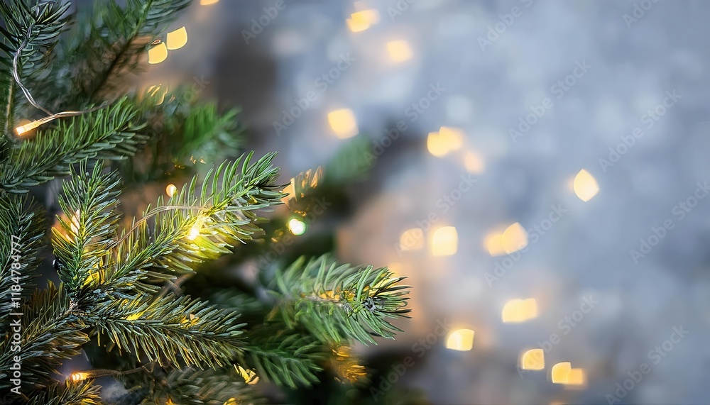 Poster close-up of evergreen christmas tree branches with glowing string lights and blurred bokeh background, perfect for festive designs