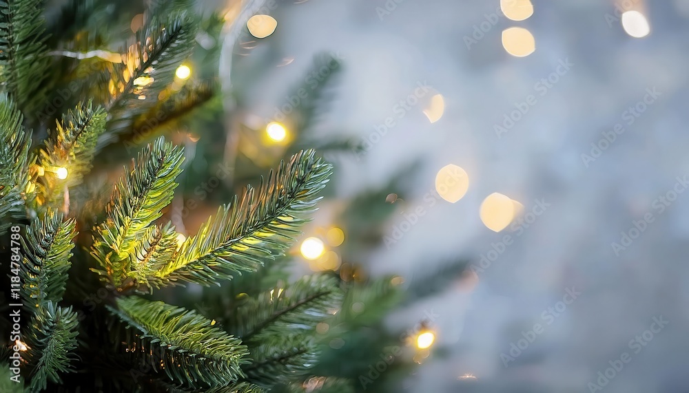Poster close-up of evergreen christmas tree branches with glowing string lights and blurred bokeh background, perfect for festive designs