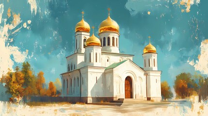Orthodox church in a peaceful landscape, highlighting its traditional architecture and serene atmosphere, illustration-style artistic backdrop