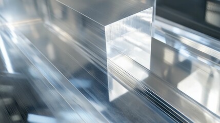 Obraz premium Translucent rectangular shapes, reflective surfaces, industrial setting.