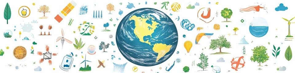 creative illustration of earth surrounded by icons of renewable energy water conservation and tree planting