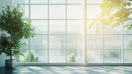 Sunlight streams through window; plants frame view.