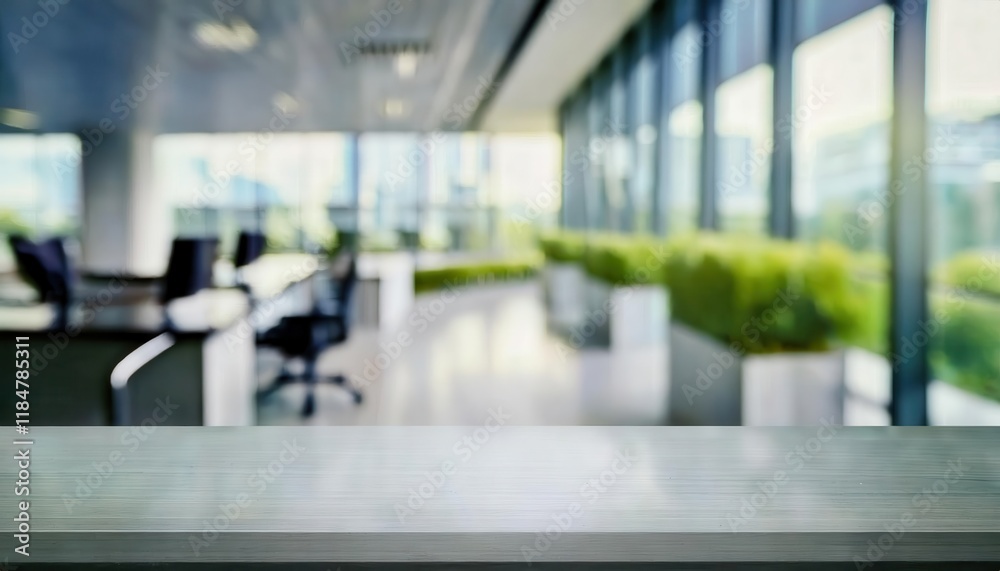 Poster minimalistic office environment with blurred green background and reflective wooden table surface ideal for mockups or presentations

