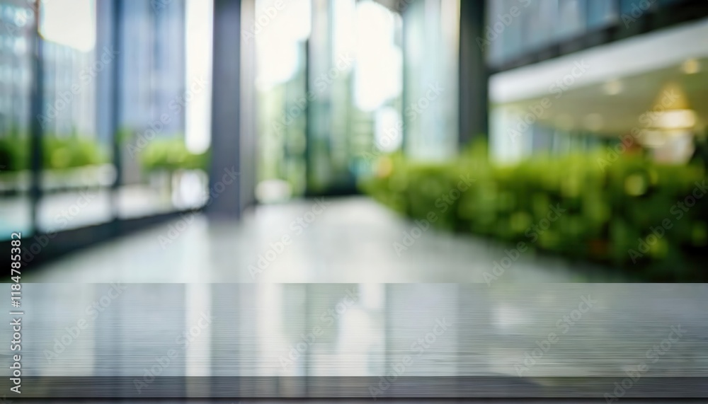 Poster minimalistic office environment with blurred green background and reflective wooden table surface id