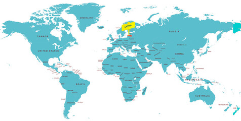 World Map Highlighting Country of Latvia With Geographic Details