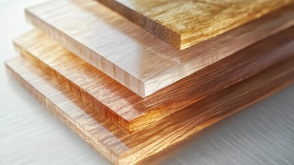 Fototapeta premium Stacked translucent wood-like slabs, warm tones.