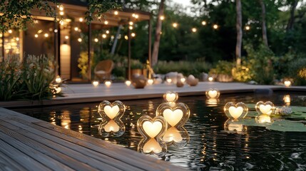 Calming evening scene with heart-shaped lights on water.