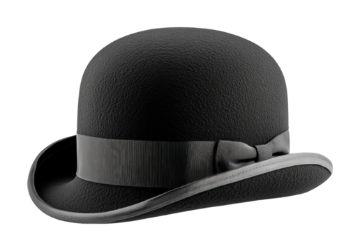 Elegant black bowler hat on high fidelity fashion studio minimalist concept isolated on transparent background png
