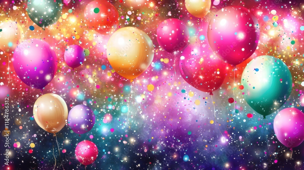 Poster festive balloons and confetti create a vibrant atmosphere for celebrations and joyful gatherings at 