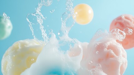Fototapeta premium dynamic layout with floating bubbles and soft pastel tones leaving clear copy space