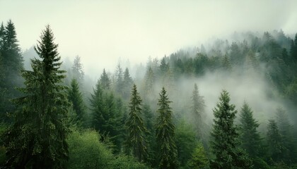 misty evergreen forest with dense tree canopy and soft atmospheric fog, evoking tranquility and connection to nature's serenity

