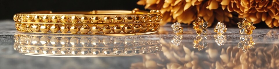 flat lay of gold bracelet and earrings arranged neatly on reflective marble surface