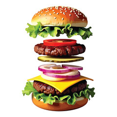 Colorful Cartoon Burger Illustration: Whimsical Fast Food Art with Bold Outlines and Retro-Inspired Design
