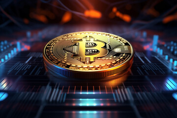 Bitcoin cryptocurrency on glowing digital surface
