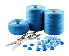 Sewing supplies action blue threads scissors and buttons crafting workspace close-up textile creativity isolated on transparent background png