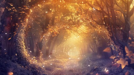 Naklejka premium A serene forest path illuminated by soft light and fluttering butterflies.