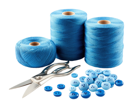 Sewing supplies action blue threads scissors and buttons crafting workspace close-up textile creativity isolated on transparent background png - Powered by Adobe