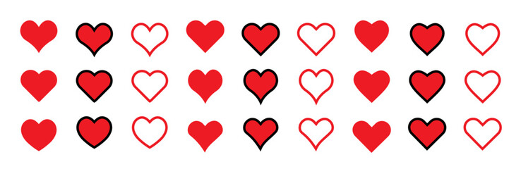 Hearts isolated on white. Hearts in linear and flat. Love icon. Valentines day signs or symbols. Vector illustration.