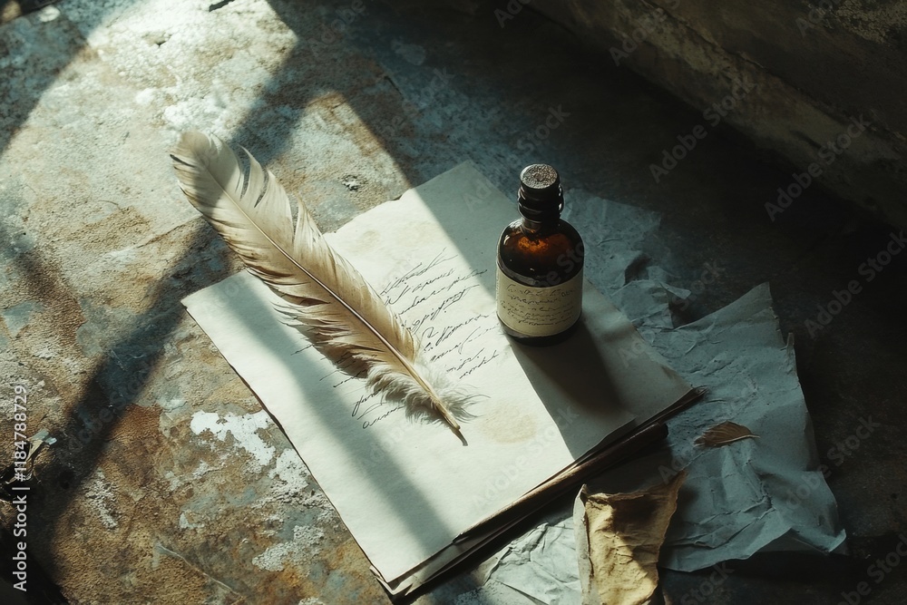 Leinwandbilder calligraphy tools resting on parchment featuring quill, ink bottle, and delicate sheets in a tranqui