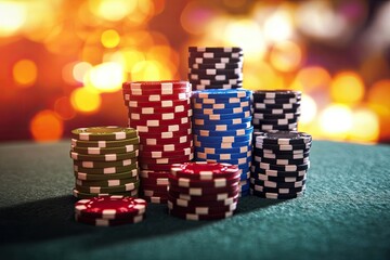 serene arrangement of stacked casino chips in neat piles on felt table with blurred motion in background