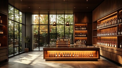Elegant Bar Interior with Bottles and Garden View Through Large Windows for High-End Promotions