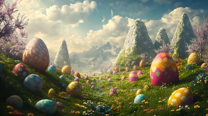 Fantasy Easter festival featuring magical scenery and whimsical eggs