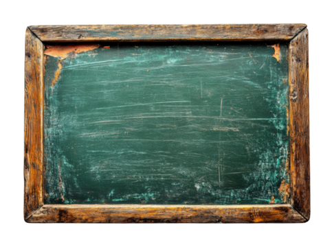 Educational tool blank green chalkboard on high fidelity classroom environment close-up view isolated on transparent background png