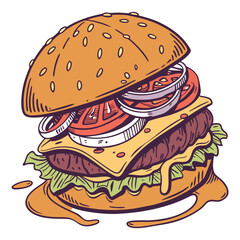 Colorful Hand-Drawn Burgers: Detailed Cartoon Style Illustrations with Juicy Ingredients and Vibrant Colors