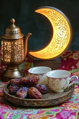 tray of dates and tea cups arranged neatly on vibrant patterned fabric beside crescent moon lamp