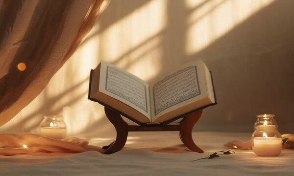 Quran open for prayers in Ramadan on a beige background with candles and sun rays. Background The Book of Qur'an is open for reading. copy space