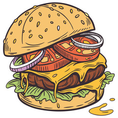 Colorful Hand-Drawn Burgers: Detailed Cartoon Style Illustrations with Juicy Ingredients and Vibrant Colors