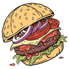 Colorful Hand-Drawn Burgers: Detailed Cartoon Style Illustrations with Juicy Ingredients and Vibrant Colors