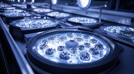 Watch movement components undergoing a quality control check on a brightly lit conveyor belt system, ensuring precision and reliability in a modern watchmaking factory