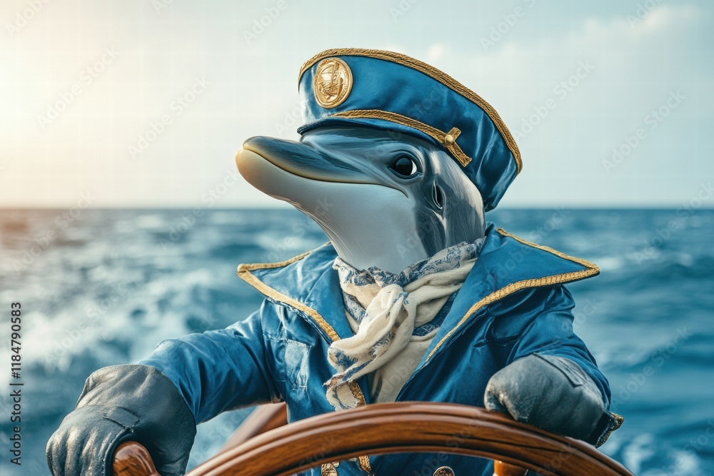 Poster dolphin dressed as a ship captain proudly steers the ship while navigating the vast ocean waters dur