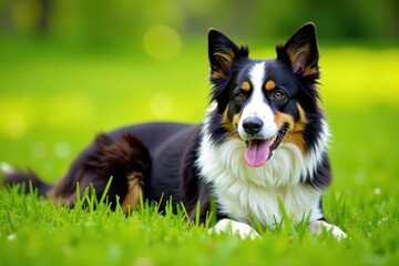 Fluffy border collie relaxing in lush green field, dog, calm