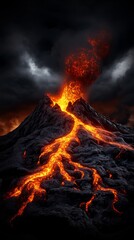 Fiery volcanic eruption against a dark, stormy sky. Molten lava flows down the mountainside.