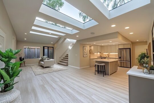open living space with skylights flooding room with natural light highlighting neutral tones and textures