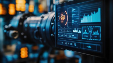 Sophisticated industrial automation software monitoring production line performance, displaying real time data and key metrics on a control panel screen to optimize efficiency