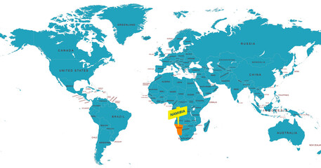 World Map Highlighting Country of Namibia With Geographic Details
