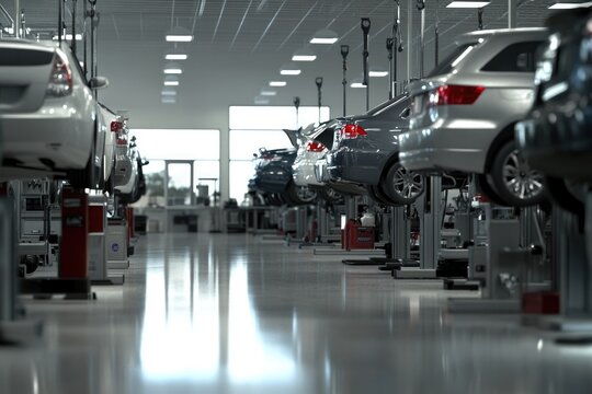 clean and modern auto repair shop with multiple vehicles on lifts illuminated by bright even lighting