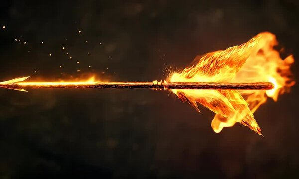 Fiery arrow in flight, engulfed in flames against a dark background.