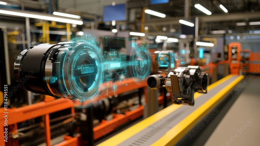 Poster assembling an electric motor with a robotic arm in an automated factory, featuring a holographic int