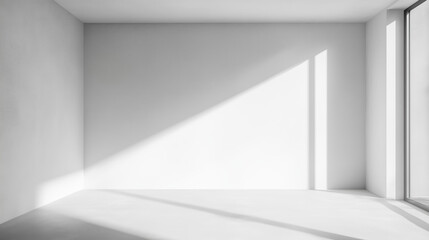 Empty Simple Modern white blank gallery room interior with large window and sun light shining through and shadow casting for space display and retouching background