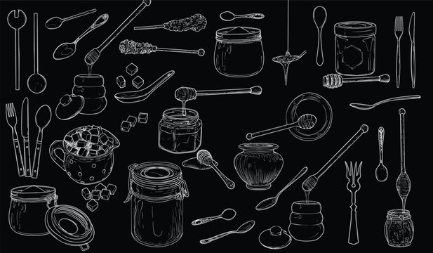 Line art honey jars, dippers, cutlery, sugar pots and jars. Vector honey dripping from tablespoons and dippers. Hand drawn graphic resources for restaurant. Outline only, isolated on white background.