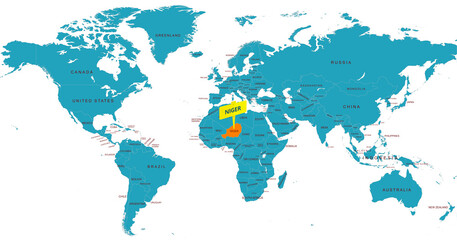 World Map Highlighting Country of Niger With Geographic Details