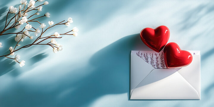 Anniversary celebration party invite floral stationary, white hoya flower, soft blue background, wedding reception invitation, valentine romantic love letter, two red hearts, white envelope, card