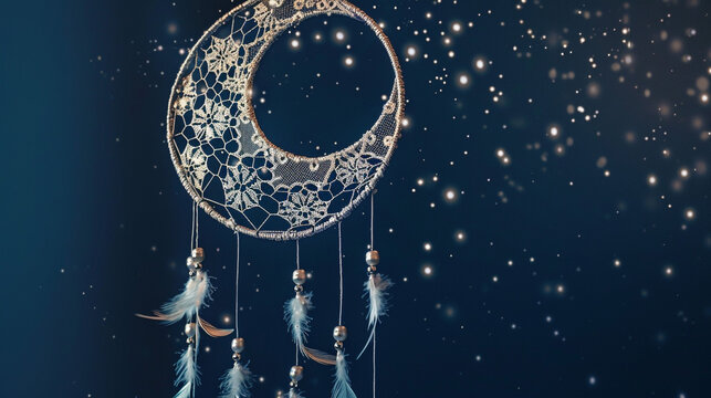 A whimsical DIY dream catcher crafted with a crescent moon-shaped frame, featuring delicate lace as the web and adorned with silver beads and translucent white ribbons, displayed on a dark navy wall. - Powered by Adobe